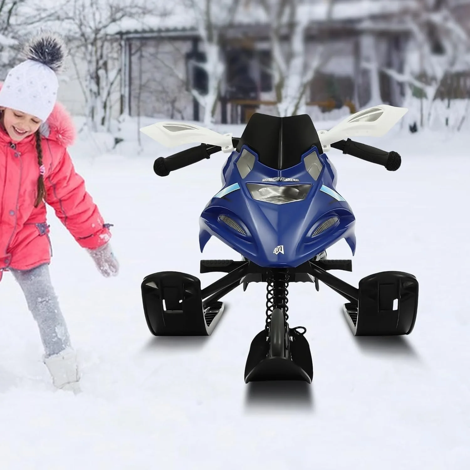 Steering Sledge 124 X 51 X 43.5cm Snow Sledge with Foot Brakes and Adjustable Cushion Children's Sledge Classic Steerable Sledge