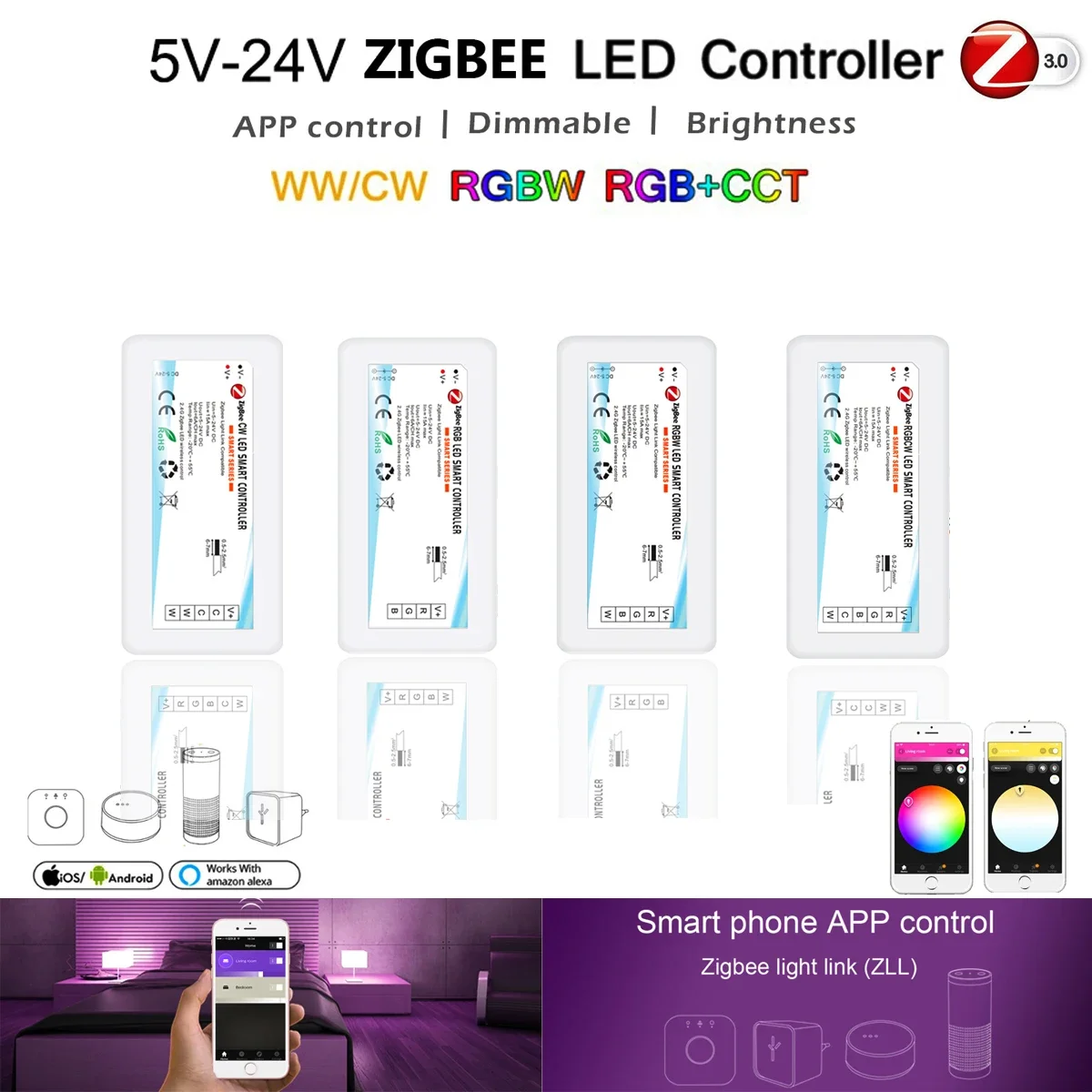 Zigbee Smart LED Strip Controller DC5V 12V 24V RGB+CCT/RGBW/RGB/CW Voice Control for With Echo Plus SmartThings ZIGBEE 3.0