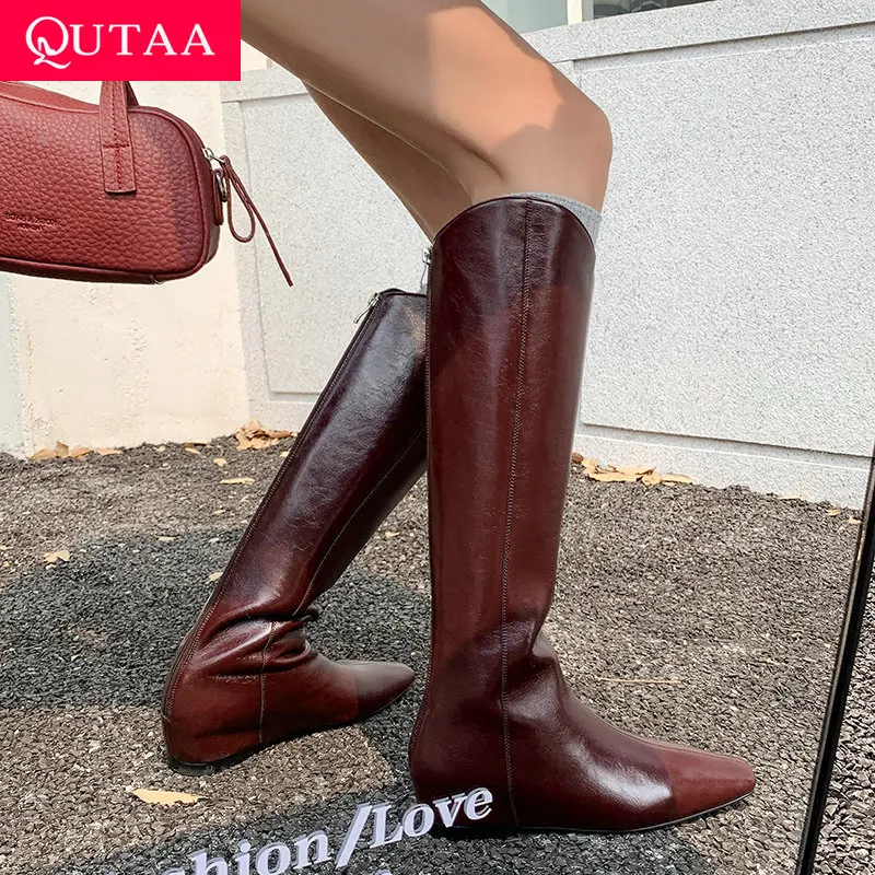 

QUTAA 2026, модные женские сапоги до колена из коровьей кожи, зимняя женская обувь на танкетке, длинные сапоги с острым носком, женское платье 34-40