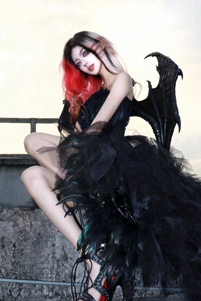 TDH Black Gothic Devil Feathers Tube Top and Large Birdcage Skirt Set Fairy Punk Lolita Ball Gown Skirt Set with Wings Sweep