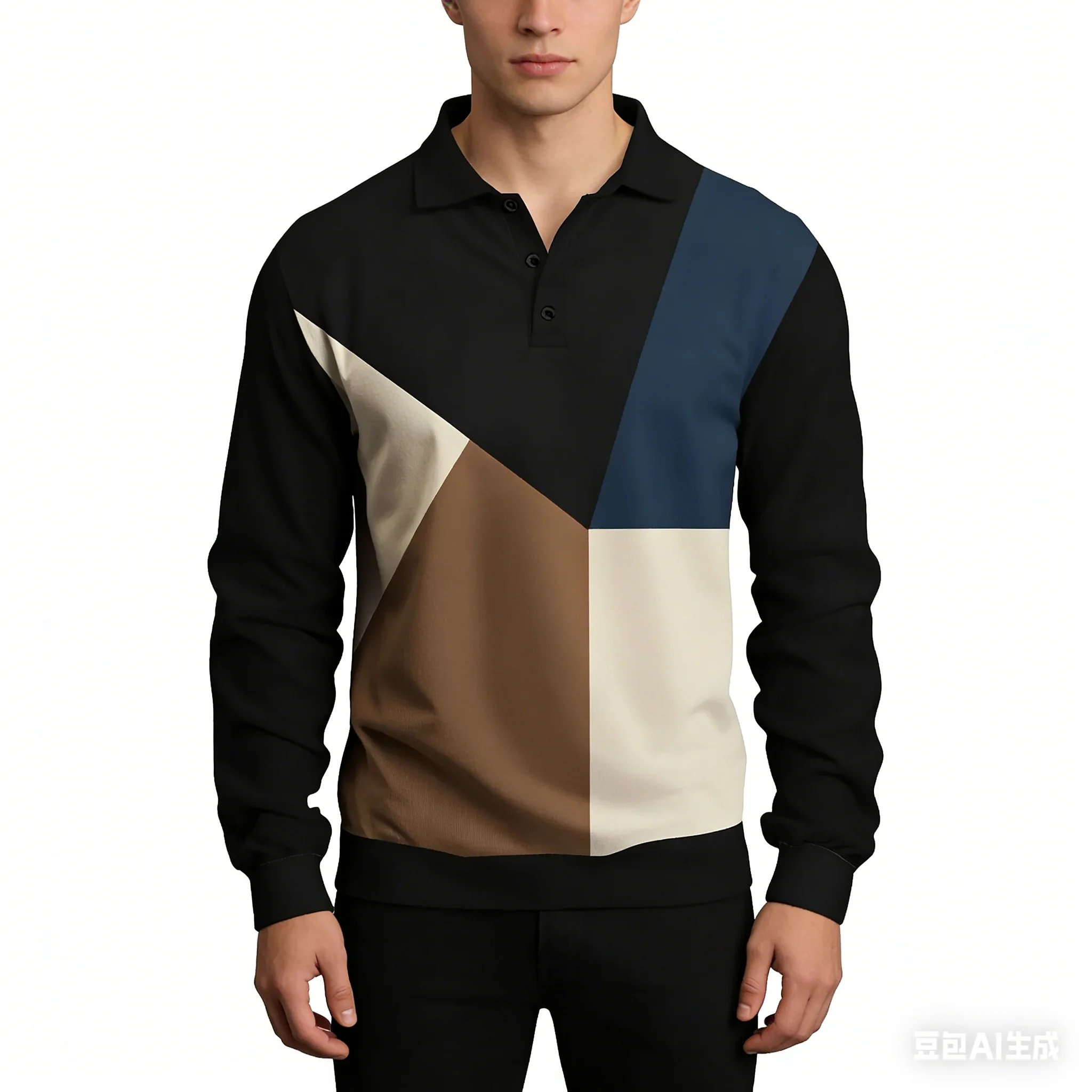 

3D Fashion Color Blocking Men's Long Sleeve POLO Shirts Oversize Comfortable Breathable Lapel Button Casual Long Sleeve Clothing