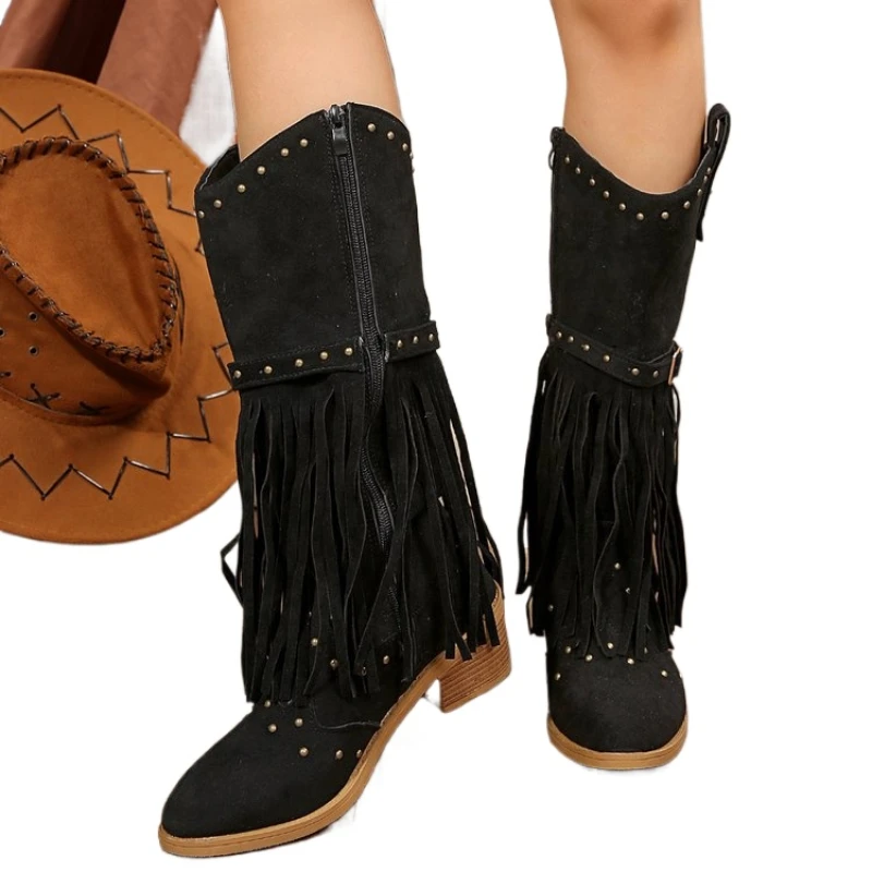 

Wedge Chunky Heel Boots Women Rivets Tassels Design Western Boots SyfIyno 2024 New Black Cowboy Boots for Woman Cowgirl Botas