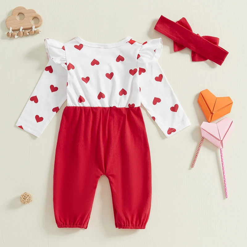 Baby Girls Rompers Valentine s Day Clothes Heart Print Cartoon Cat Long Sleeve Fall Bodysuits with Headband