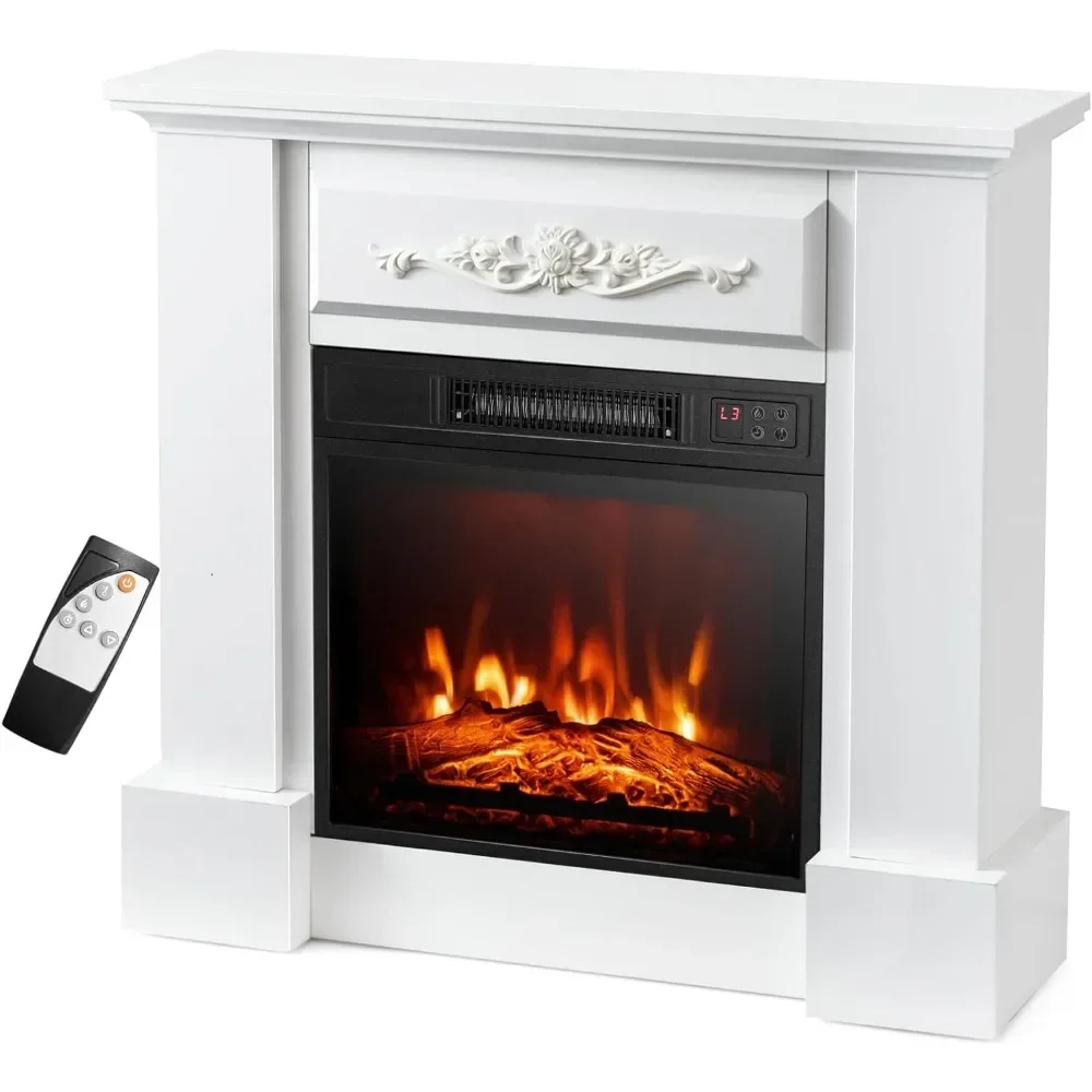 32-inch Electric Fireplace with Mantel, Freestanding Fireplace Heater with Remote Control, 6H Timer Adjustable 3D Flame Effect