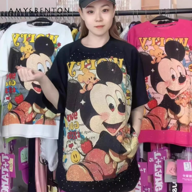 

Trendy Brand 2025 Summer Heavy Industry Full Diamond Cartoon Tees Medium And Long Loose Short-sleeved T-shirt Top Pullover Women