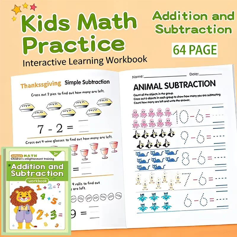 Cuaderno de Matemáticas de 64 Páginas para Niños: Sumas y Restas |   Libro de Práctica de Aprendizaje Interactivo para Jardín de Infancia y Educación en Casa