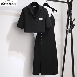 Women's Set Spring/Summer New Korean Edition Style Slim Small Suit Top with Hanging Strap Dress Two Piece Set