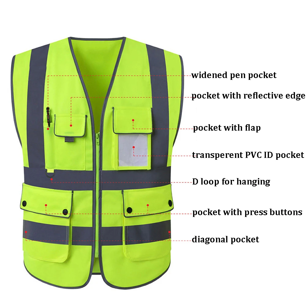 High Visibility Reflective Vest Zipper Front Safety Vest With Reflective Strips Construction Workwear