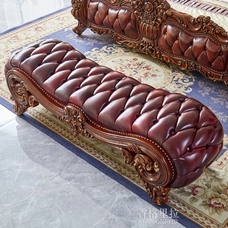 

A44 European style, American style villa bedroom retro solid wood carving flower leather shoe changing stool bedside sofa bench