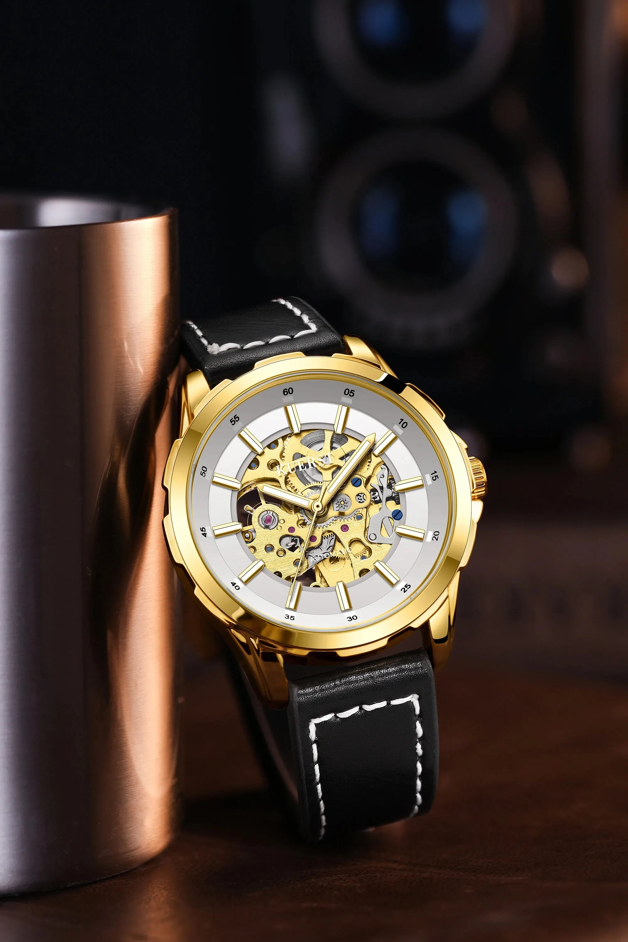 KUERST Roller Ring Case Hazy Face Plate Men S Fully Automatic Mechanical Fashion Hollowed Out Business Waterproof Luminous Point