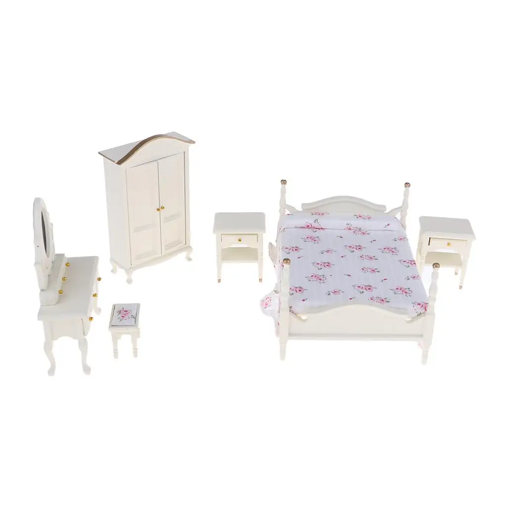 1:12 Dollhouse Miniature European Style Bedroom Wooden Furniture 6pcs