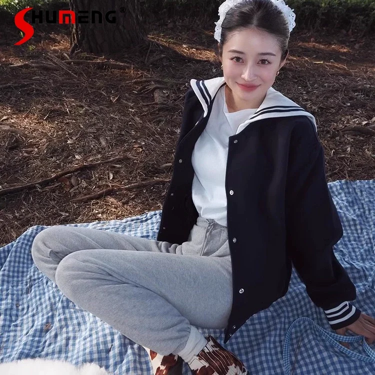 

Japanese Style Sailor Collar Navy Blue Short Coat Women's Autumn and Winter Casual Loose Baseball Uniform Lady Sweet Jacket Top