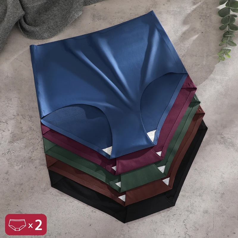 FINETOO 2Pcs/Set Summer Traceless Ice Silk Panties For Women Solid Color High Waist Underpants Female Breathable Sexy Lingerie