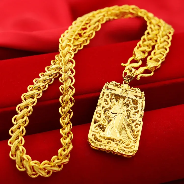 Men's Luxury Grand Pure Gold Color Necklace with Gold Guan Gong Pendant Sign Men's Necklace Luxury Domineering Jewelry Gifts