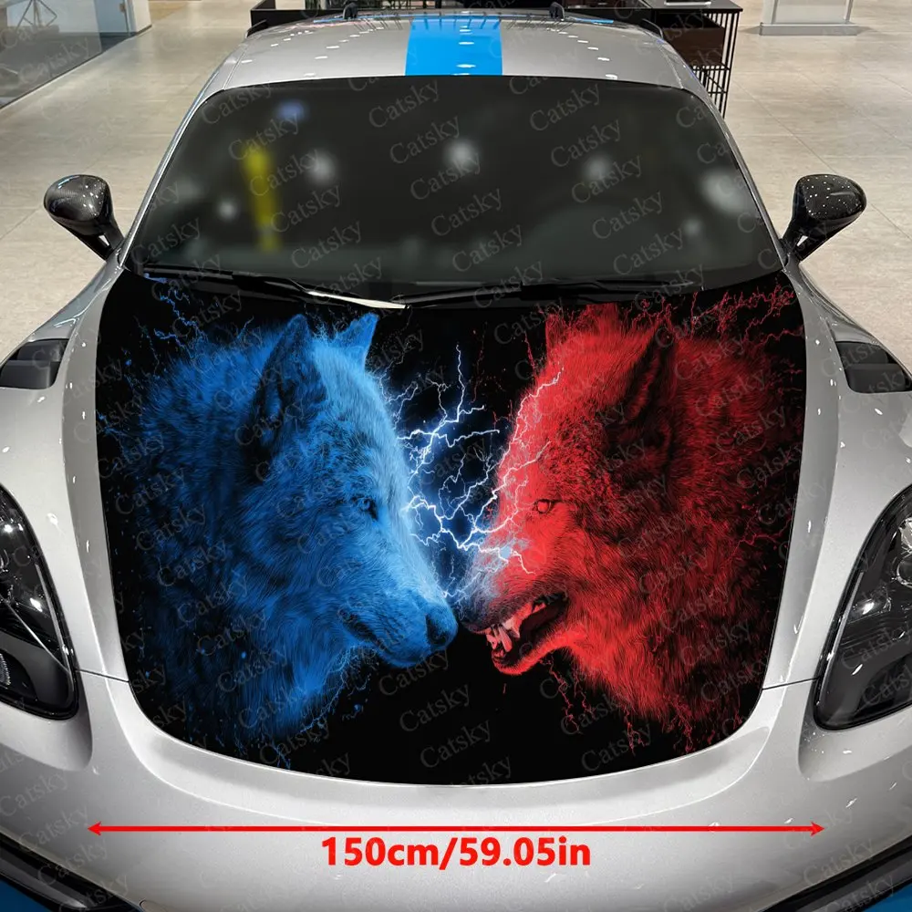 Fierce Red Blue Lightning Wolf Car Hood Sticker,Waterproof Self-Adhesive Vinyl Graphics Decals,Decor Auto Accessories Stickers
