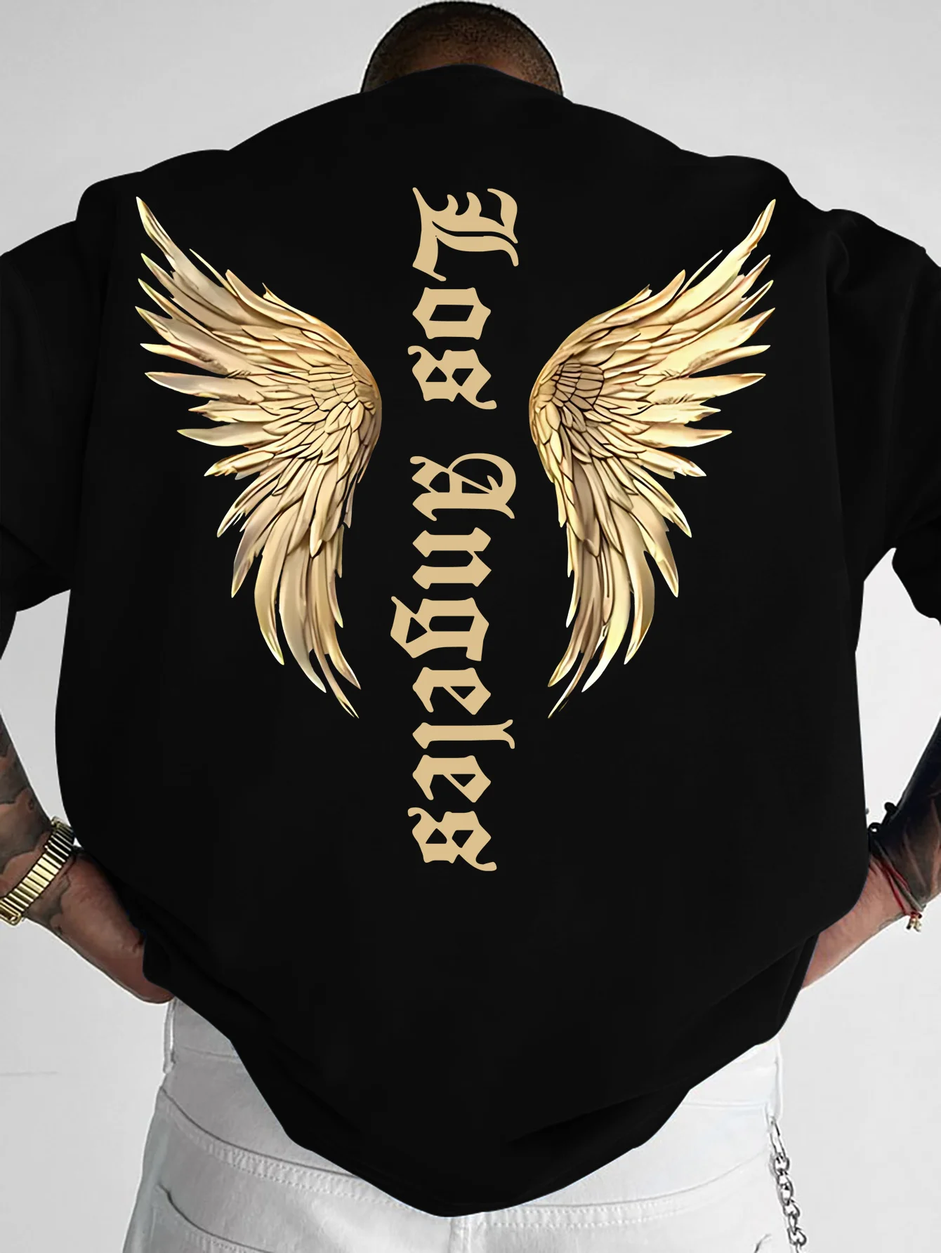 Men's American-style Trendy Streetwear T-shirt Featuring a Delicate Small Golden Wing Print on the Shoulders, with a Large Golden Wing and 