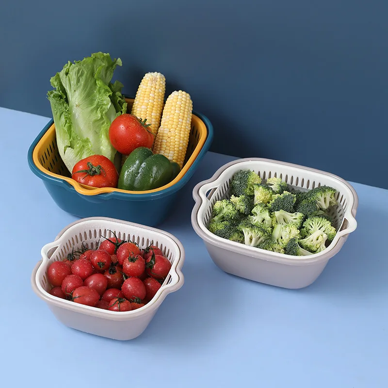 Hot Double-layer drain basket six-piece thickened kitchen vegetable and fruit drain basket wash basin set strainer basket