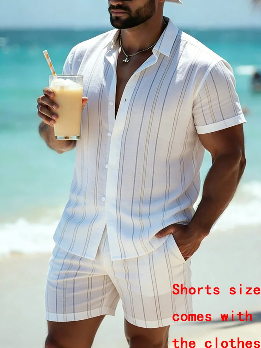 Men's Fashion Linen Short Sleeve Lapel Shirt Shorts 2 Piece Set White Textured 3D Printed Shirt Holiday Street Casual Party Set