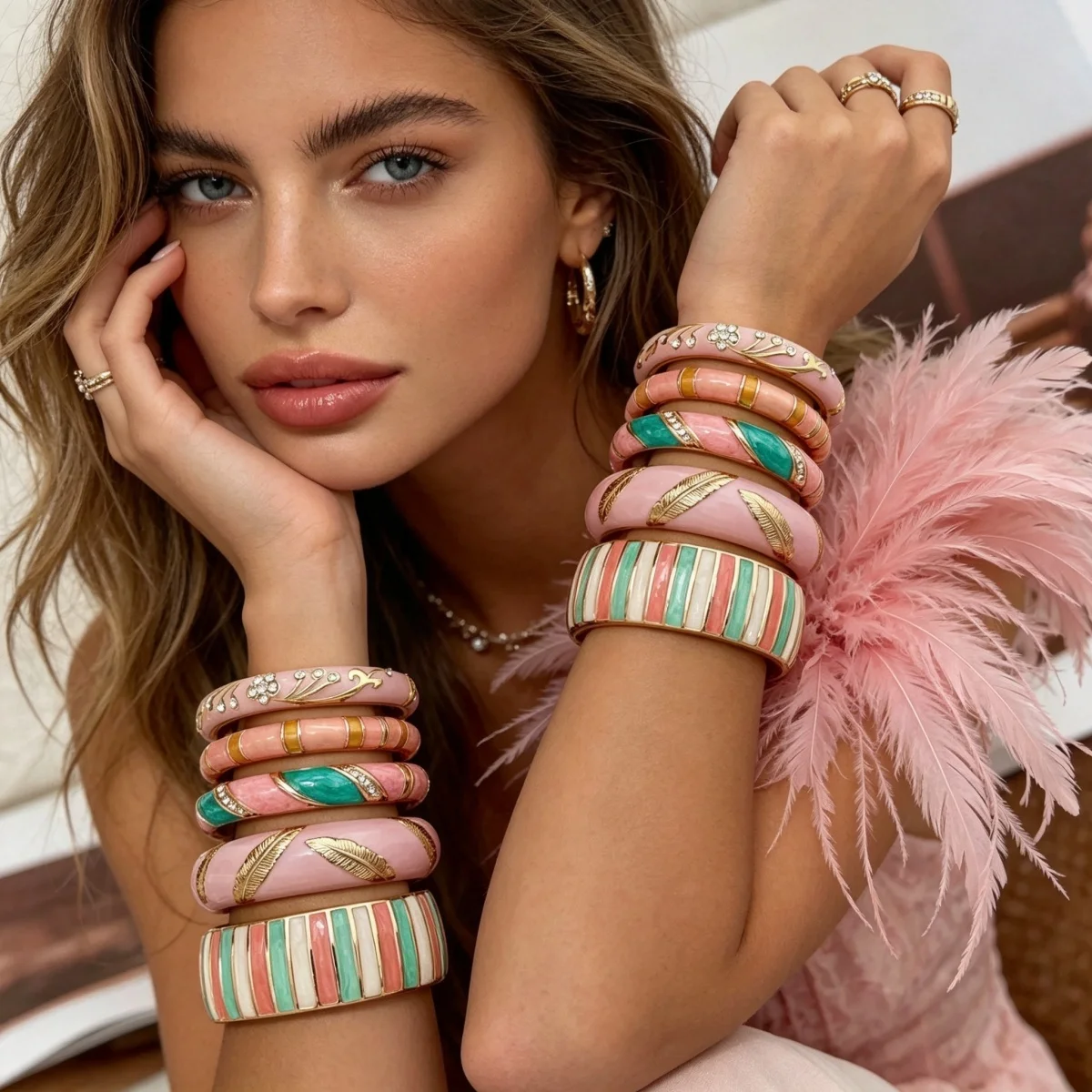Vintage Pink-Serie Emaille-Manschettenarmbänder für Damen und Herren, Modisches Weichrosa Block-Muster mit Gedrehten Blättern, Blumen und Sternen, Armreif-Schmuck – Detail 16