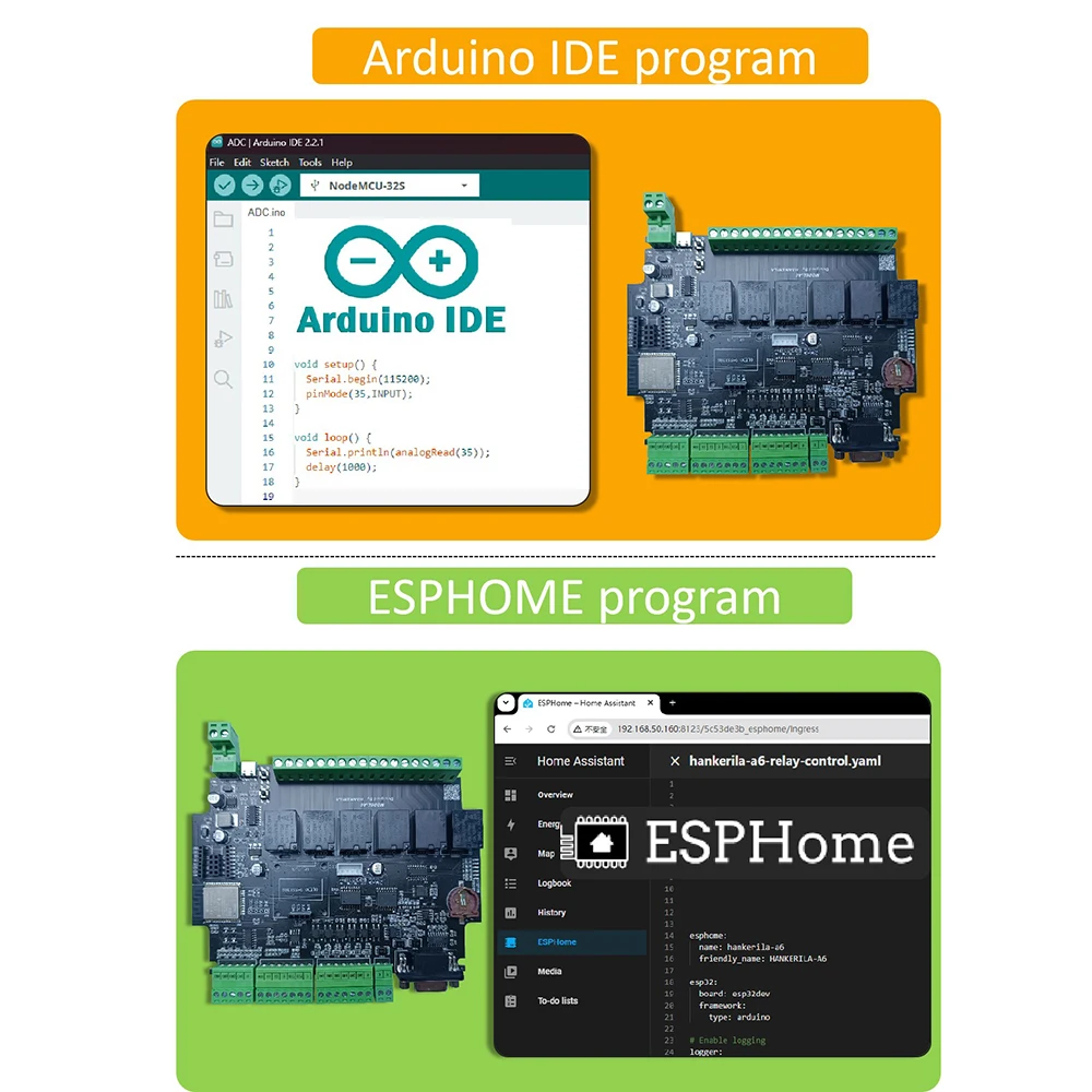 A6 RS233 Relay Board Enables ARDUINO IDE AND ESPhome programming provide All kinds of Example Codes support MQTT