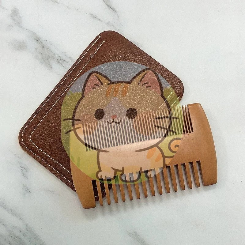 

Natural Wood Hair Brush Beard Comb With PU Leather Case Anti-Static Mustache Pocket Comb Brushing Hair Care Tools For Men Gift~