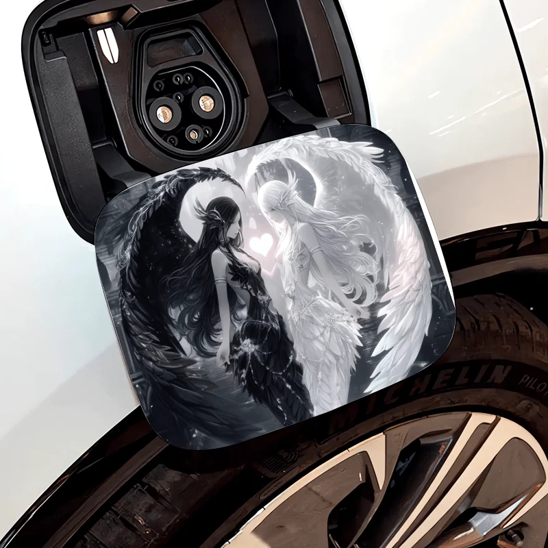 1Pc Black White Twin Angels Fantasy Light Dark Angel Vinyl Sticker Waterproof Decal For Car Fuel Gas Tank Cap