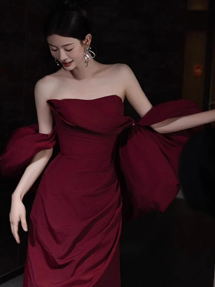 2025 French Satin High-End Design Strapless Toasting Wedding Engagement Red Banquet Host Evening Dress Slim Long Dress