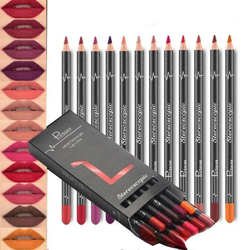 12 stks/set Waterdichte Potlood Lippenstift Set Pen Matte Lip Liner Langdurige Make-Up Pennen Gemakkelijk te Dragen non-stick Cup cosmetica Kits