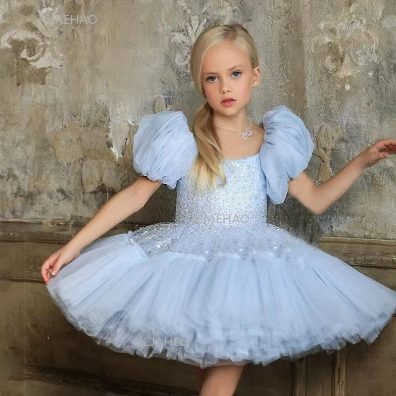 

Sequin Kids Girls Puff Sleeve Flower Gown Pageant Formal DressesToddler Christmas Season Girl Dress Birthday Party Host Princess