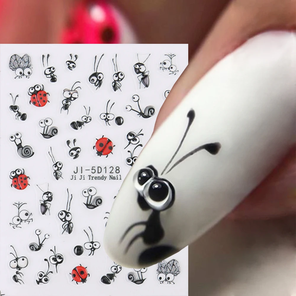 5D Cute Ants Nail Stickers Cartoon Ladybugs Bee Snail Spider Nail Sliders Halloween Eyes Bat Tips DIY Manicure Decals GLJI-5D128