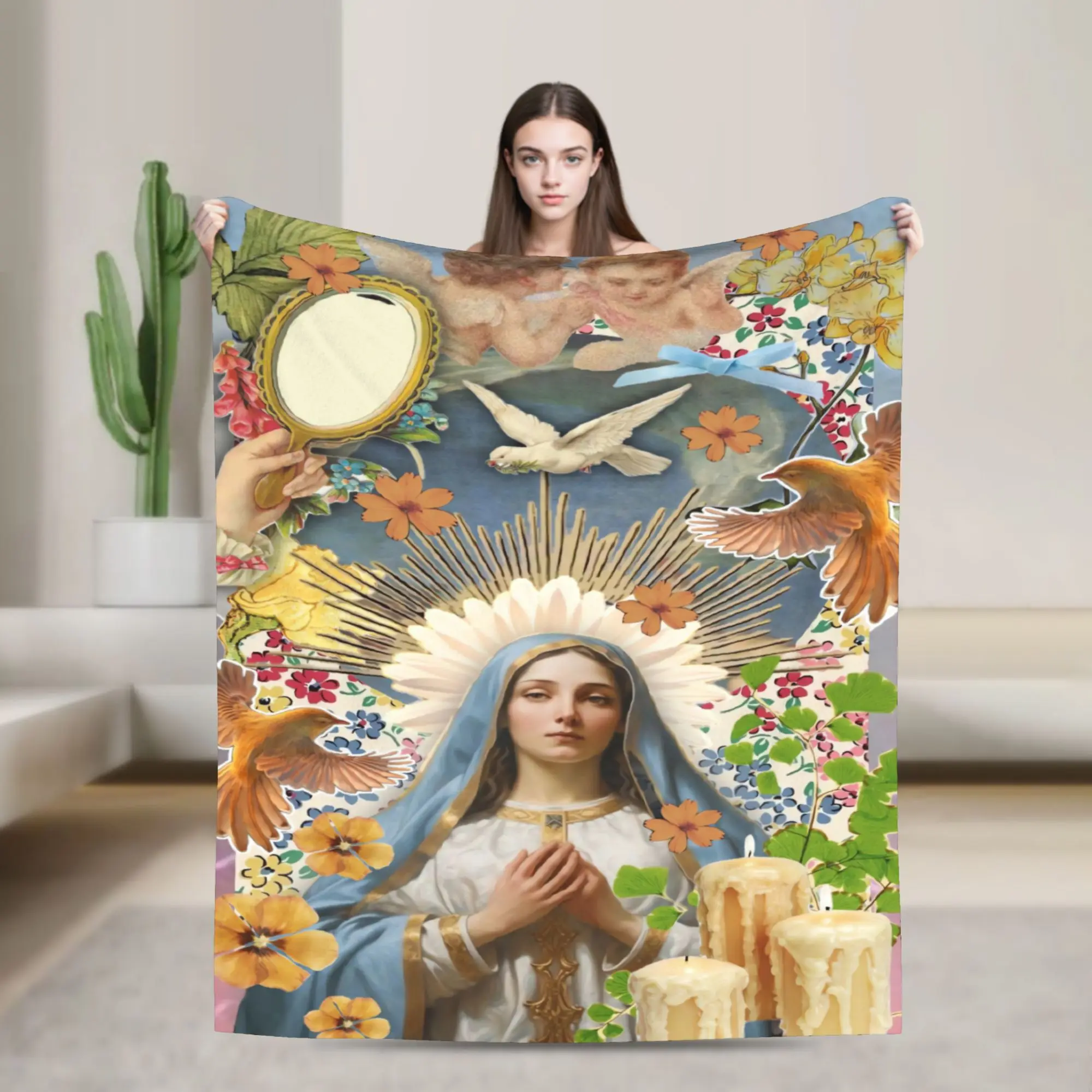 Virgin Mary Cherubs Rose Blanket Quality Warm Soft  Throw Blanket Autumn Camping Couch Bed Print Bedspread