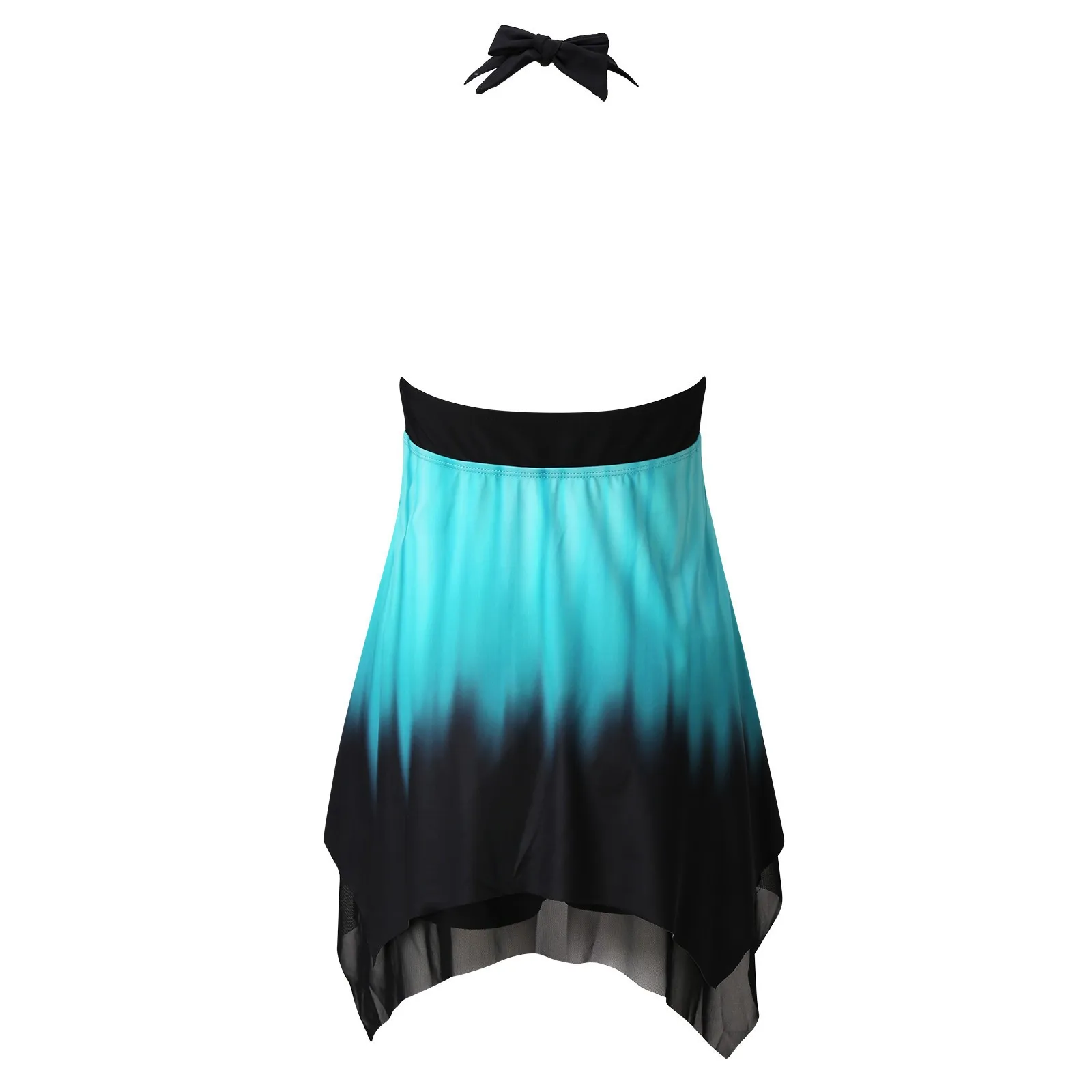 Woman Tankini Bathing Suit Woman Halter Neck Turquoise Black Bow Detail Mesh Overlay Asymmetrical Skirt Two Piece Swimsuit view 3