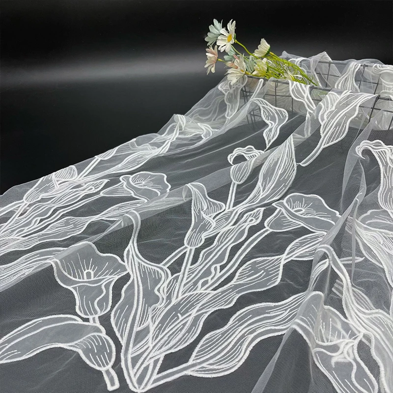 91x125cm Milk Silk Floral Embroidery Tulle Fabric White  Mesh Lace Cloth for Wedding Bridal Dress DIY Sewing Garment Material