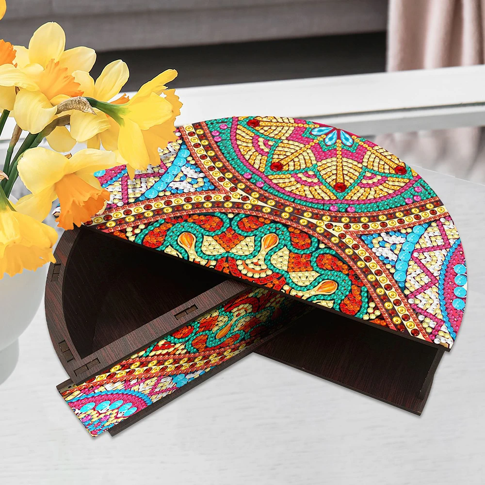 HOMFUN Mandala Diamond Painting Container Wooden Jewelry Case Diamond Art Organizer Box Kit，Creative Semi-circular Storage Box view 3