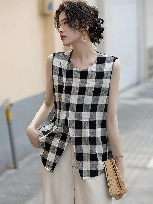 

Retro Loose Fit Plaid round Ne Women's irt Summer 2025 New Korean Sle Cross Double Layer Svel Top