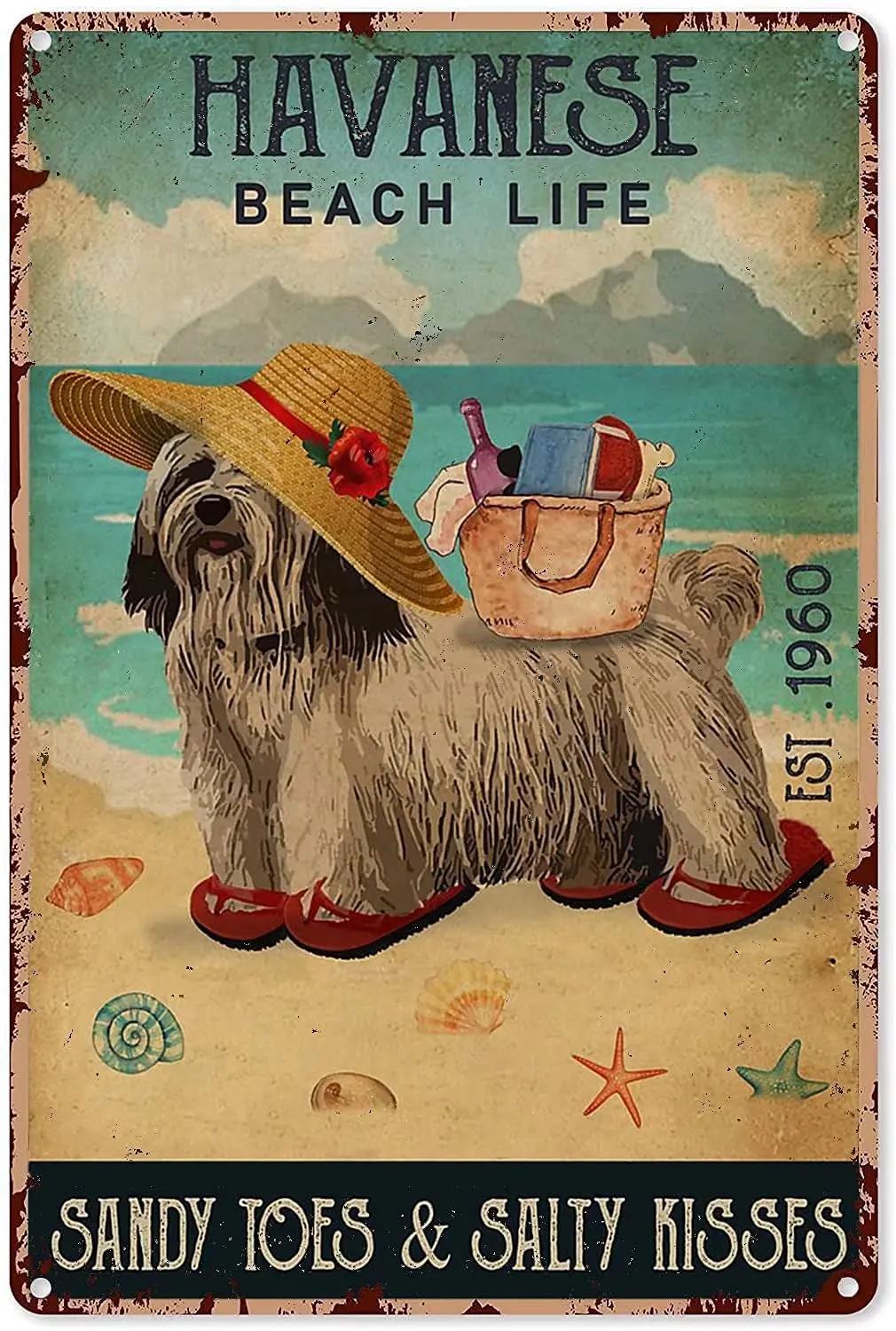 Havanese Beach Life Metal Tin Sign,Retro Dog Iron Painting Bar Sign People Cave Decor Cafe Family Garage Poster Wall Decoration 