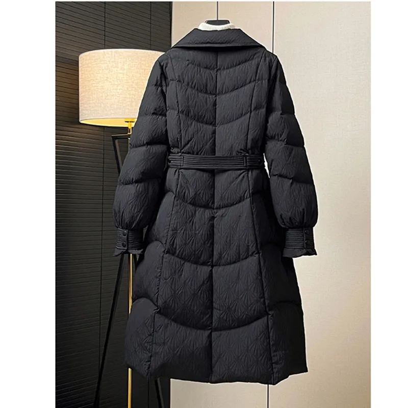 90%ホワイトダックダウンダウンジャケット2025冬新作女性ファッションスーツカラー厚手ダウンコートレディースレースアップロングパーカーオーバーコート