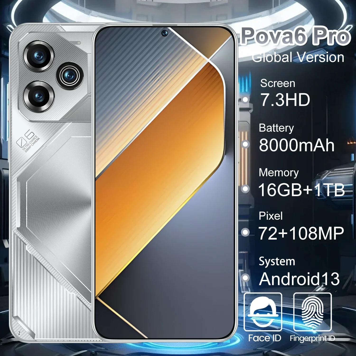 

POVA6 Pro Android 13 Phone | 7.3” HD Screen, Dual SIM, 16GB+1TB, 6800mAh, 5G Snapdragon 8 Gen2, 48MP+108MP Camera