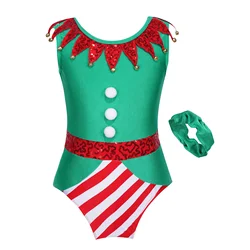 Kids Girls Elf Christmas Dance Costume New Year Party Xmas Santa Cosplay Fancy Dress Up Ballet Gymnastics Leotards with Headwear