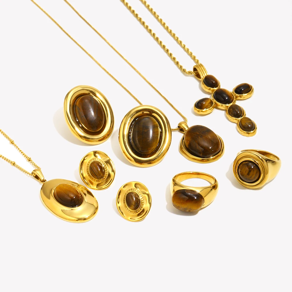 E.B.belle Stainless Steel Vintage Tiger Eye Series Jewelry Set Ring 18K Golded Plated Necklace Earring Women's Gift view 4