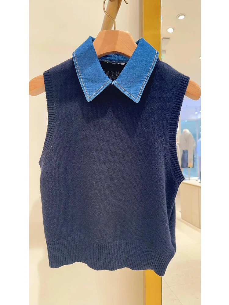 S Home South Oil-Chaleco de punto de retales de mezclilla para mujer, Top de gama alta para temporada de otoño, corte ajustado para ir al trabajo