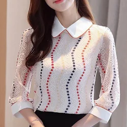 Women Clothing Fashion Slim Printing Lace Shirt Tops Summer New Half Sleeve All-match Youth Elegant Blouse Temperament Vintage