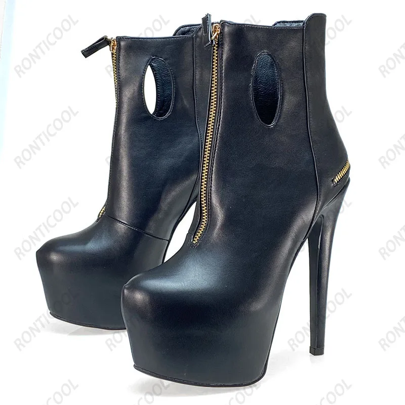 Ronticool Women's Spring Platform Ankle Boots Front Zipper Stiletto Heels round Toe plus Size Black Party Shoes 39