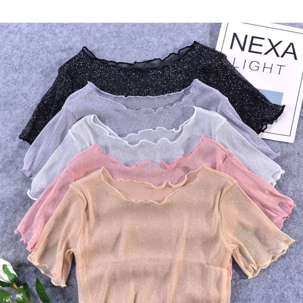 Navel Exposed Short Base Shirt Fashion Sweet Half Cut Short Sleeved Women Fresh Mesh Clothing