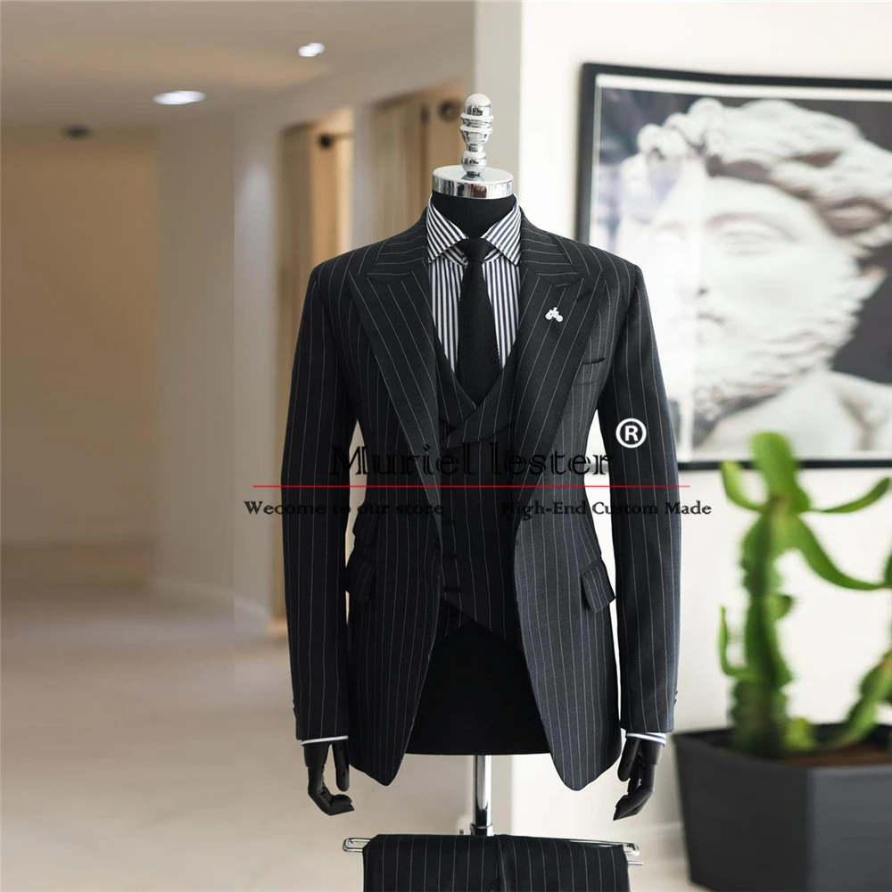 

Classic Grey Stripe Suits Men Plus Size Man Banquet Evening Party Jacket Vest Trouser 3 Pieces Set Groom Wedding Tuxedos Elegant