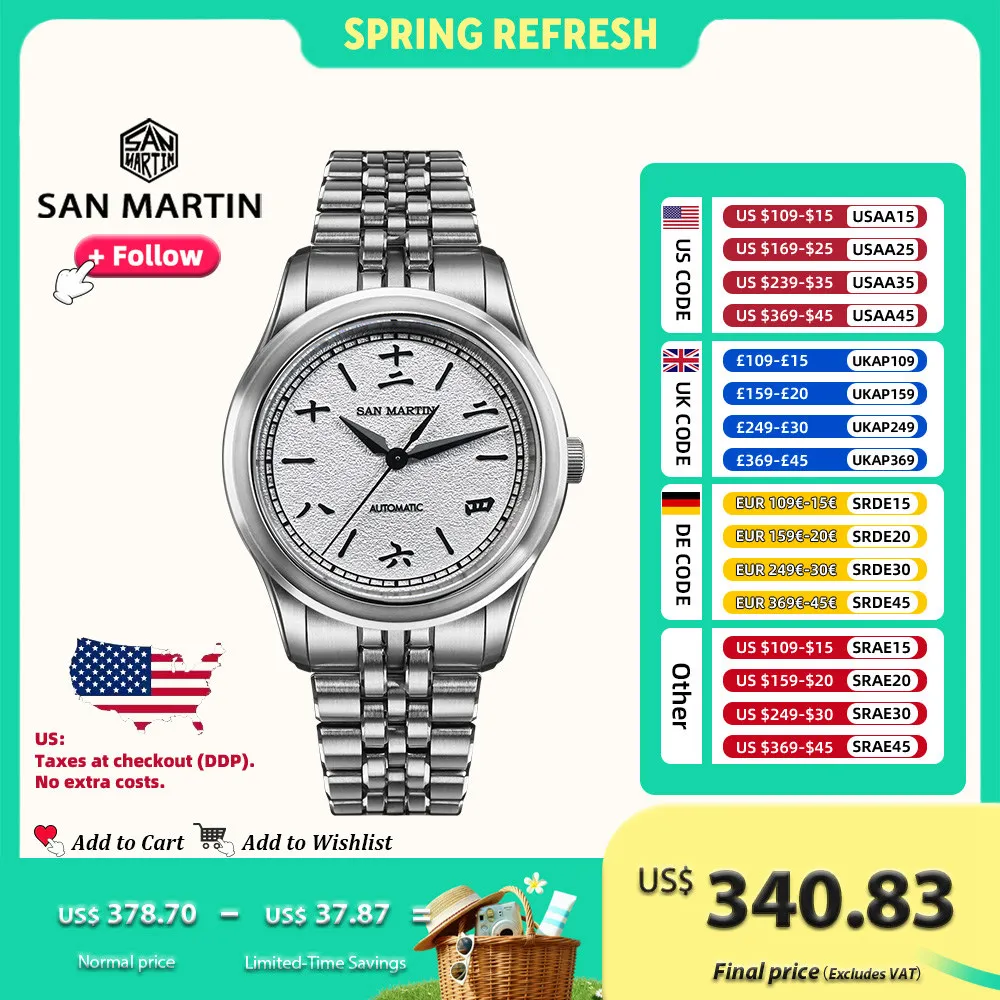 

San Martin SN0144CG 39mm Gada Watch MOP Grained Dial Chinese Original Design Miyota 90S5 Men Dress Automatic Mechanical Watches