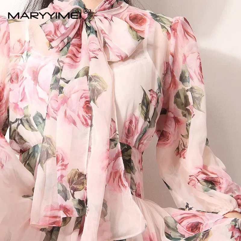 Imagem -04 - Maryyimei Primavera Verão Designer de Moda Vestido Mulheres Vestido Lenço Collar Rose Floral-print Elegante Férias Chiffon Vestidos