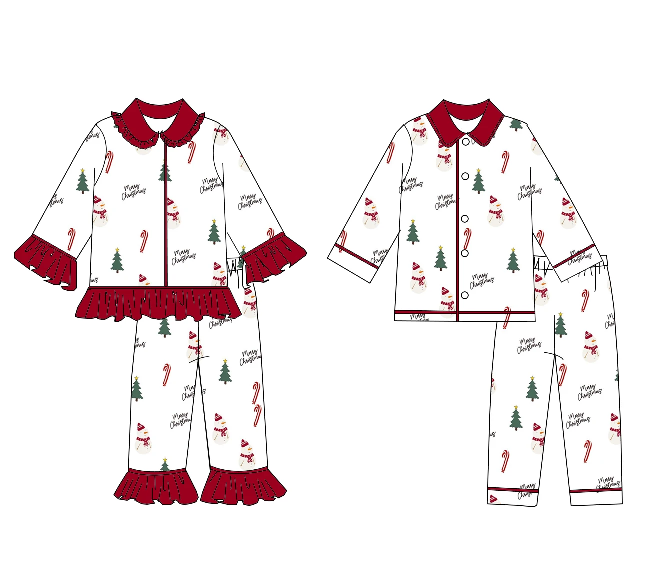 Christmas Lapel Long-Sleeved Long Pants Set Tree Candy Print Girls Boys And Children Boutique Holiday Outfit 4