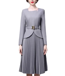 Autumn/Winter Dress Belt Women's Elegant Style Long Sleeve Fake Two Piece Pleated Skirt