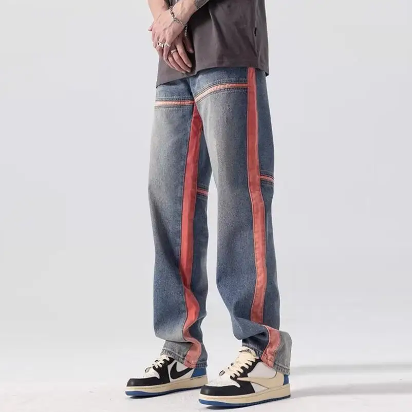 Europe and America Men Jeans 2024 Fashion High Street Spliced Vertical Stripes Pants Y2k Denim Trousers Man Casual Jeans w672